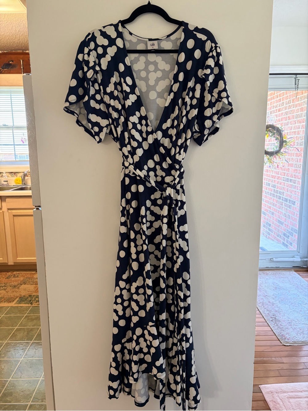 CAbi Navy and White Polka Dot Wrap Midi Dress
